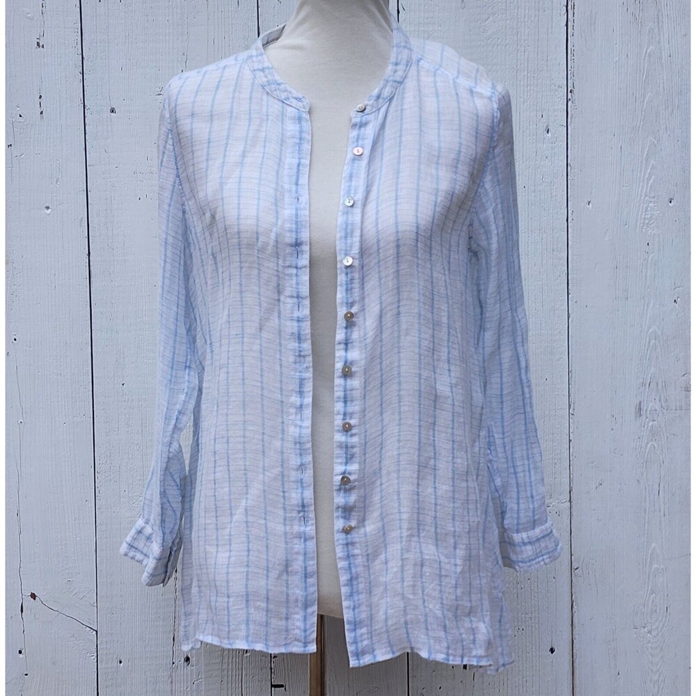 Eileen Fisher Women's White Blue Sheer Striped Button Up 100% Linen Blouse Sz S